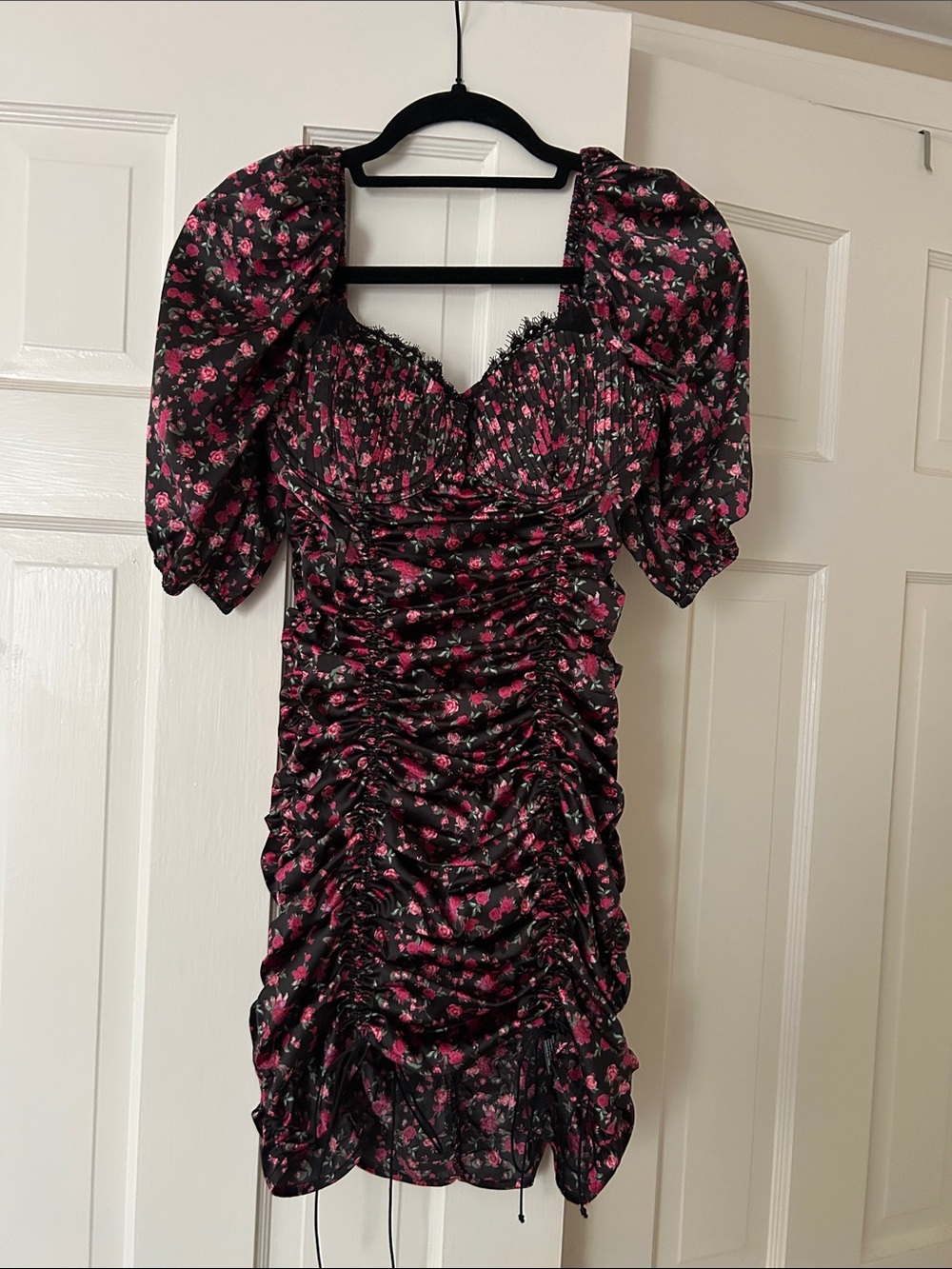 For Love and Lemons Floral Ruched Puff-Sleeve Mini Dress Black with Pink Floral
